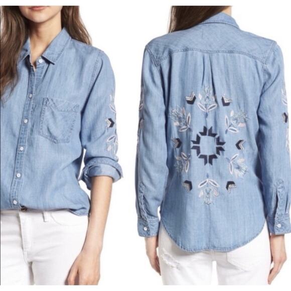 Rails Phoenix Aztec Embroidered Chambray Denim Button Shirt L Mid Vintage Wash - Picture 1 of 12